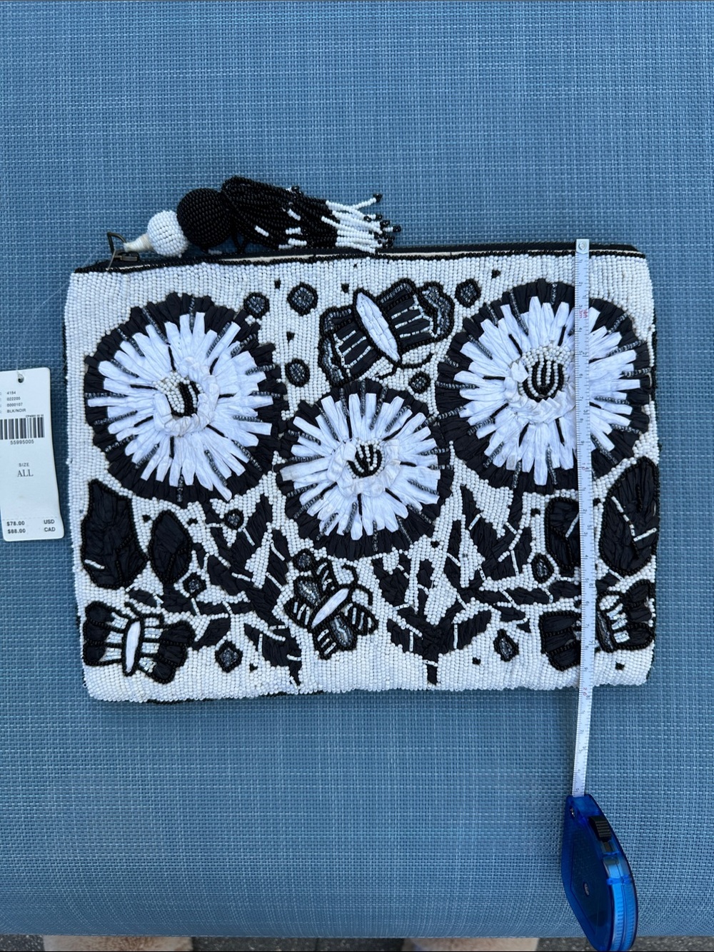 Anthropologie Black and White Beaded Floral Tassel Clutch
